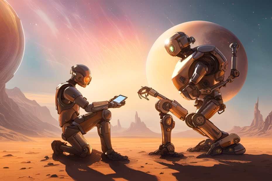 A human fixing a robot on a remote planet.